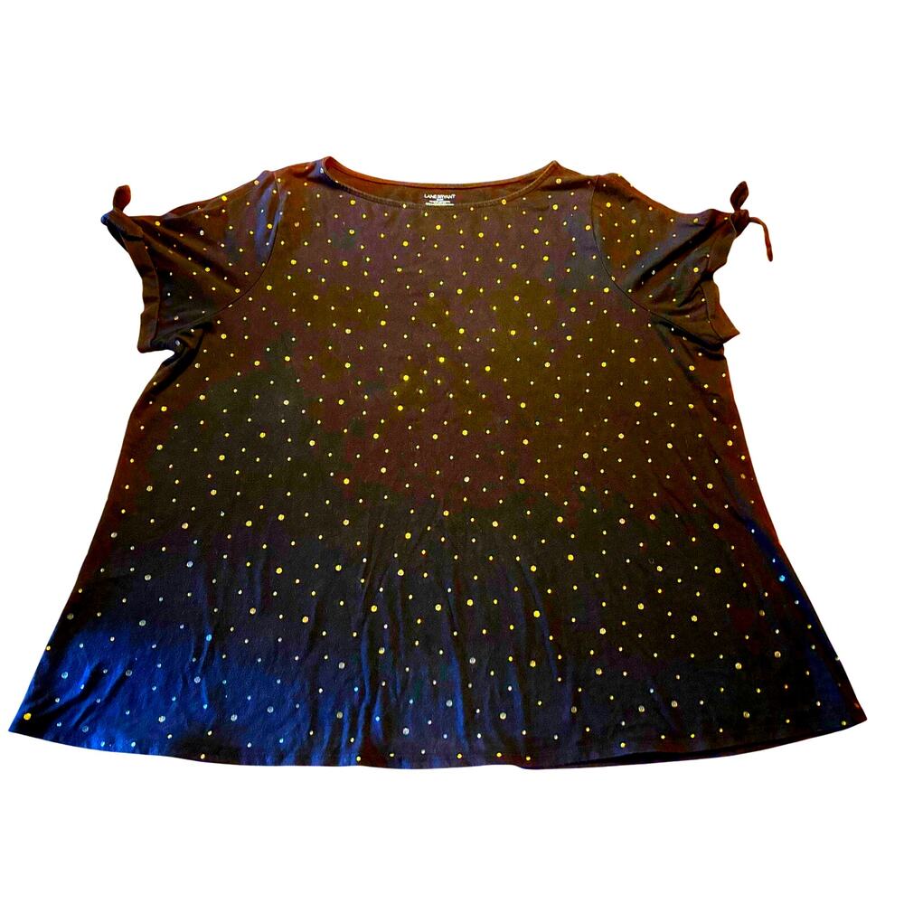 LANE BRYANT Short Sleeve Shirt Cold Shoulder 26/28 Black With Gold Dots